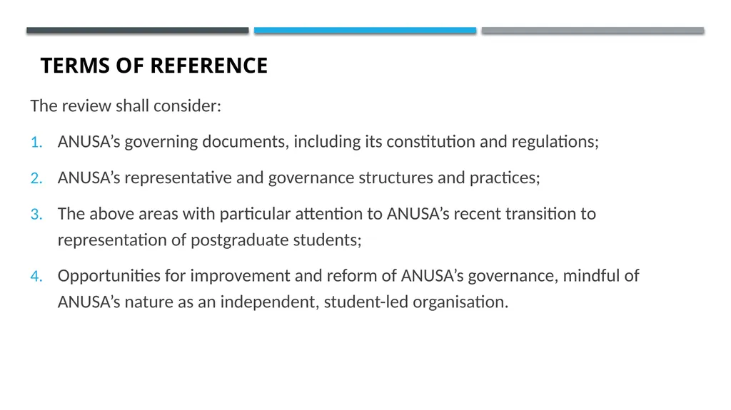 ANUSA GOVERNANCE REVIEW SUMMARY FINDINGS & - slide 2 of 50