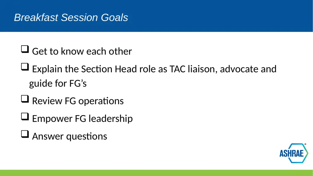TAC Chairs Breakfast Training Section Breakout - slide 2 of 17