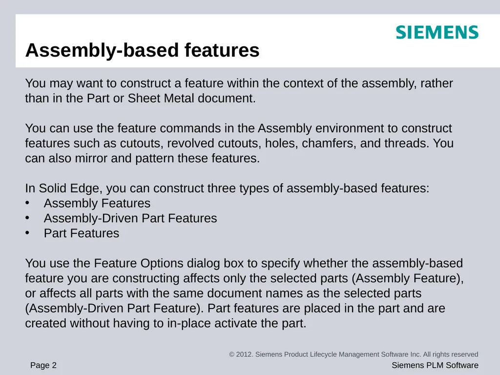 Solid Edge ST5 Training Assembly Features You may - slide 2 of 7