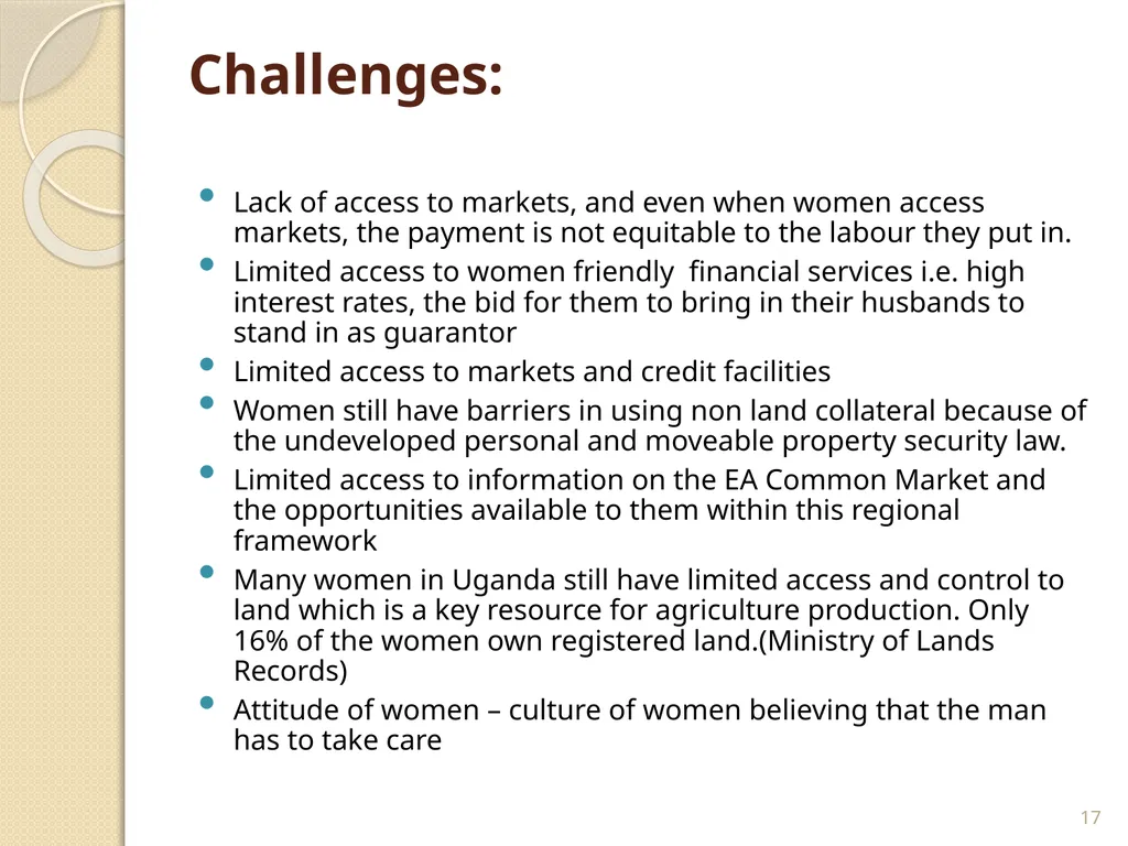 WOMEN’S ENTRPRENUERSHIP DEVELOPMENT LESSONS LEARNT - slide 17 of 20