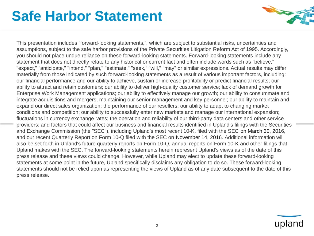 Upland Software, Inc. Raymond James Technology - slide 2 of 21