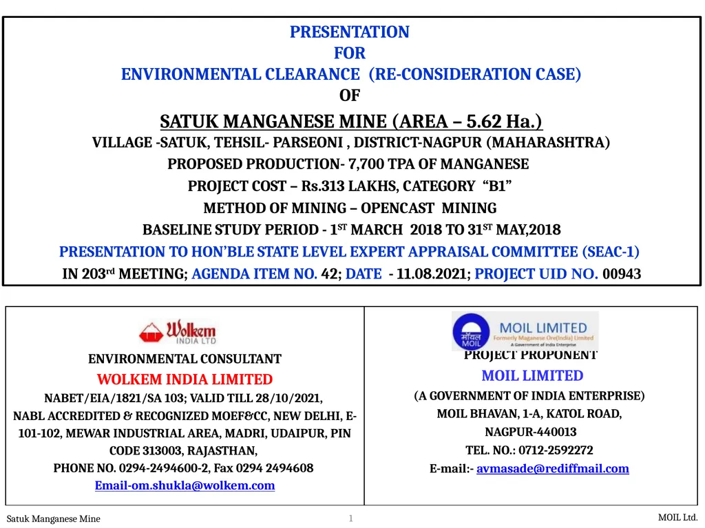 PRESENTATION FOR ENVIRONMENTAL CLEARANCE - slide 1 of 77