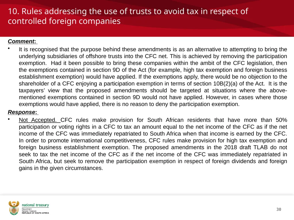 DRAFT RESPONSE DOCUMENT 2018 DRAFT TAXATION LAWS - slide 30 of 52