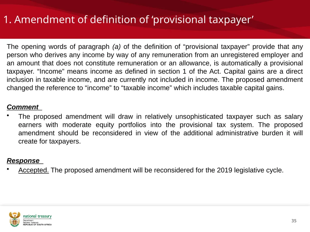 DRAFT RESPONSE DOCUMENT 2018 DRAFT TAXATION LAWS - slide 35 of 52
