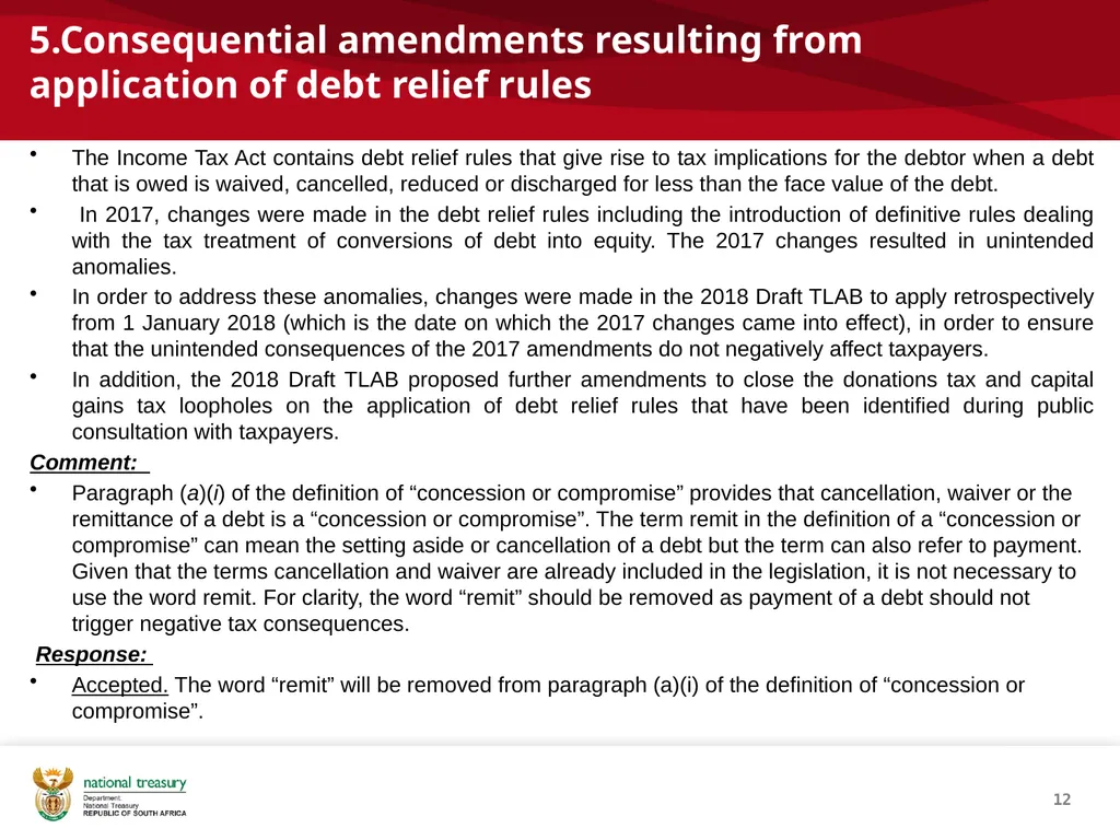 DRAFT RESPONSE DOCUMENT 2018 DRAFT TAXATION LAWS - slide 12 of 52