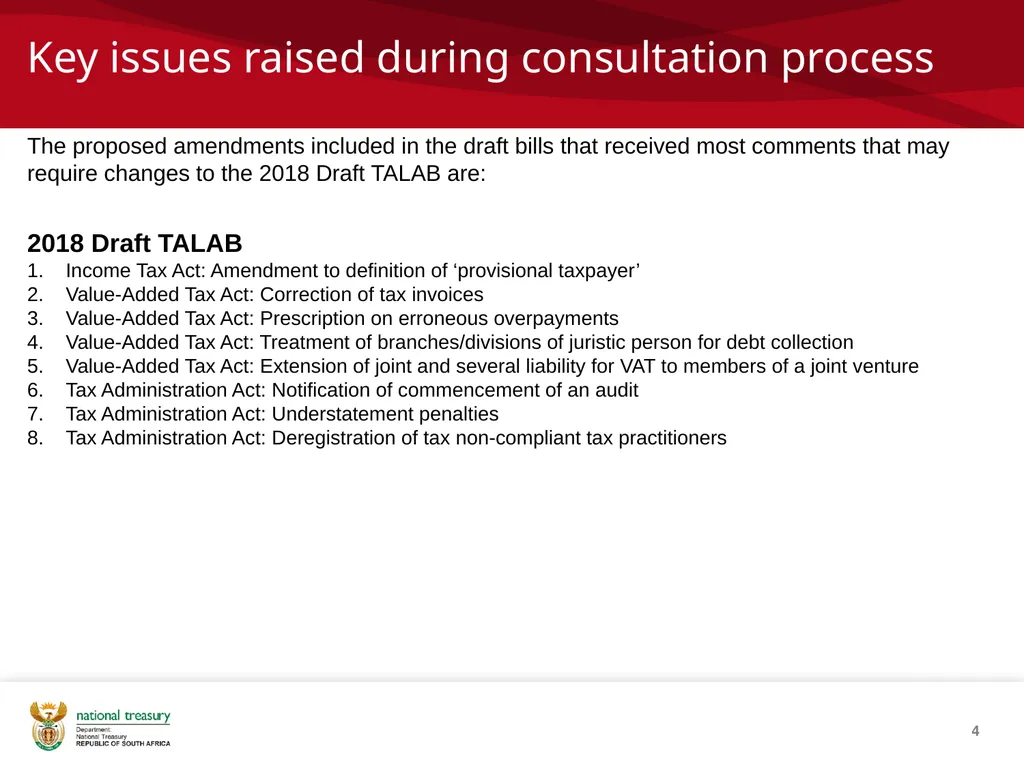 DRAFT RESPONSE DOCUMENT 2018 DRAFT TAXATION LAWS - slide 4 of 52