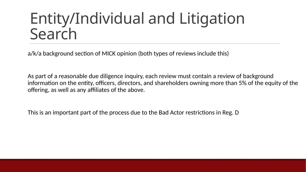 MICK Law Due Diligence: Current Developments, - slide 9 of 22