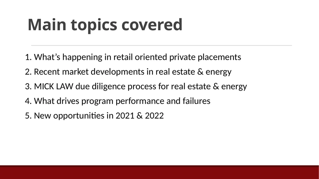 MICK Law Due Diligence: Current Developments, - slide 2 of 22