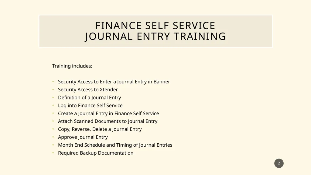 Finance self service journal entry training - slide 2 of 63