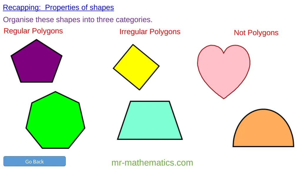 Recapping: Properties of shapes Organise these - slide 5 of 10