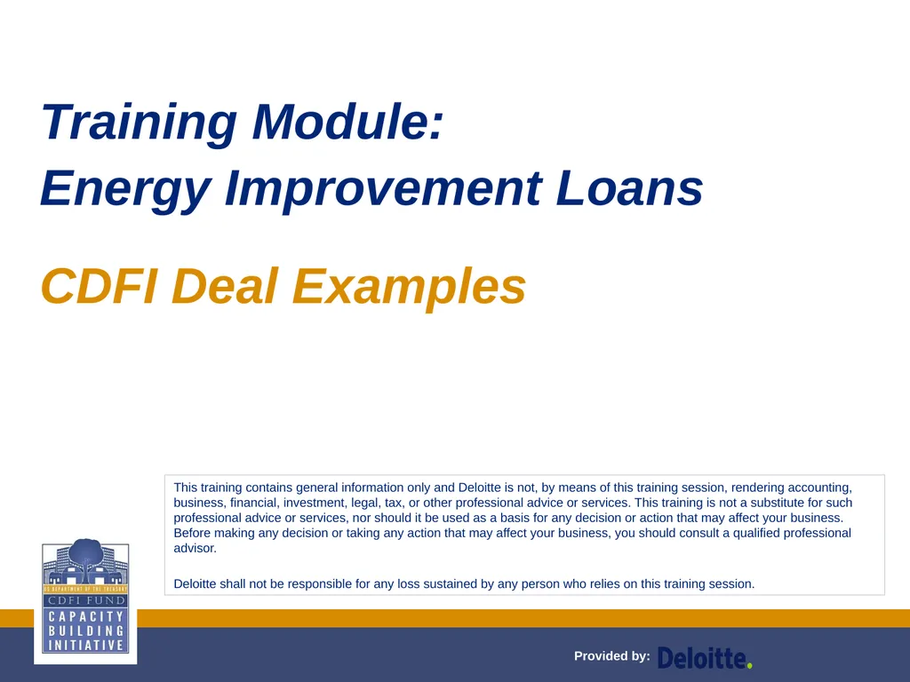 Training Module: Energy Improvement Loans CDFI - slide 1 of 7