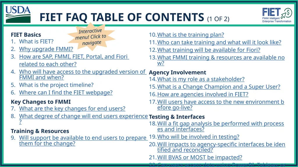 FIET FAQ TABLE OF CONTENTS (1 of 2) FIET Basics