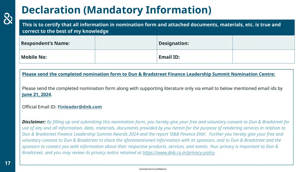 COMMERCIAL IN CONFIDENCE CASE FOR EXCELLENCE FORM - slide 17 of 17