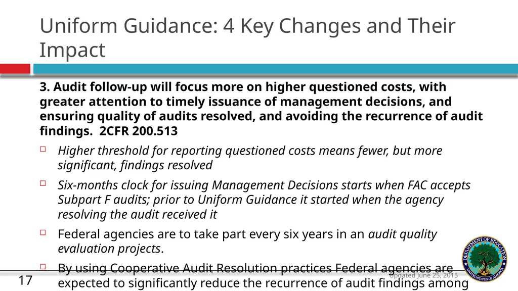 U.S. Department of Education The Uniform Guidance - slide 17 of 26
