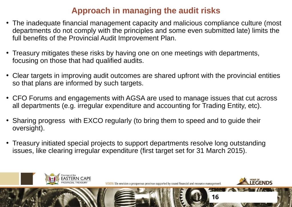 PROGRESS UPDATE ON 2017 PFMA AUDIT OUTCOMES - slide 16 of 21