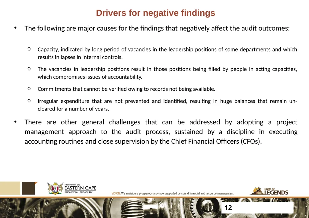 PROGRESS UPDATE ON 2017 PFMA AUDIT OUTCOMES - slide 12 of 21