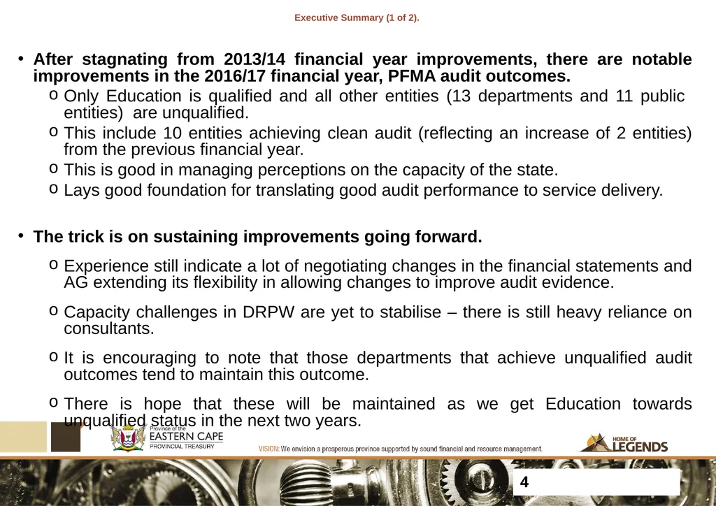 PROGRESS UPDATE ON 2017 PFMA AUDIT OUTCOMES - slide 4 of 21