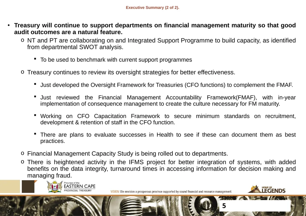 PROGRESS UPDATE ON 2017 PFMA AUDIT OUTCOMES - slide 5 of 21