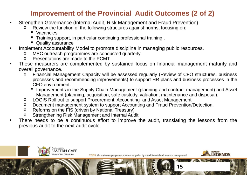 PROGRESS UPDATE ON 2017 PFMA AUDIT OUTCOMES - slide 15 of 21