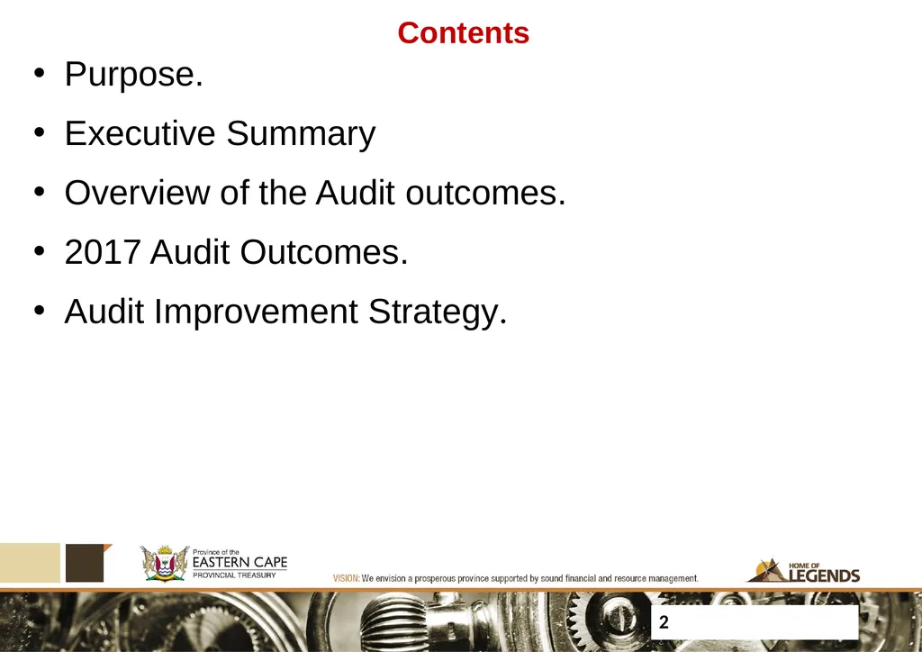 PROGRESS UPDATE ON 2017 PFMA AUDIT OUTCOMES - slide 2 of 21
