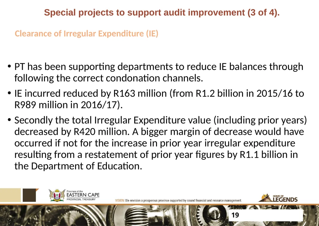 PROGRESS UPDATE ON 2017 PFMA AUDIT OUTCOMES - slide 19 of 21