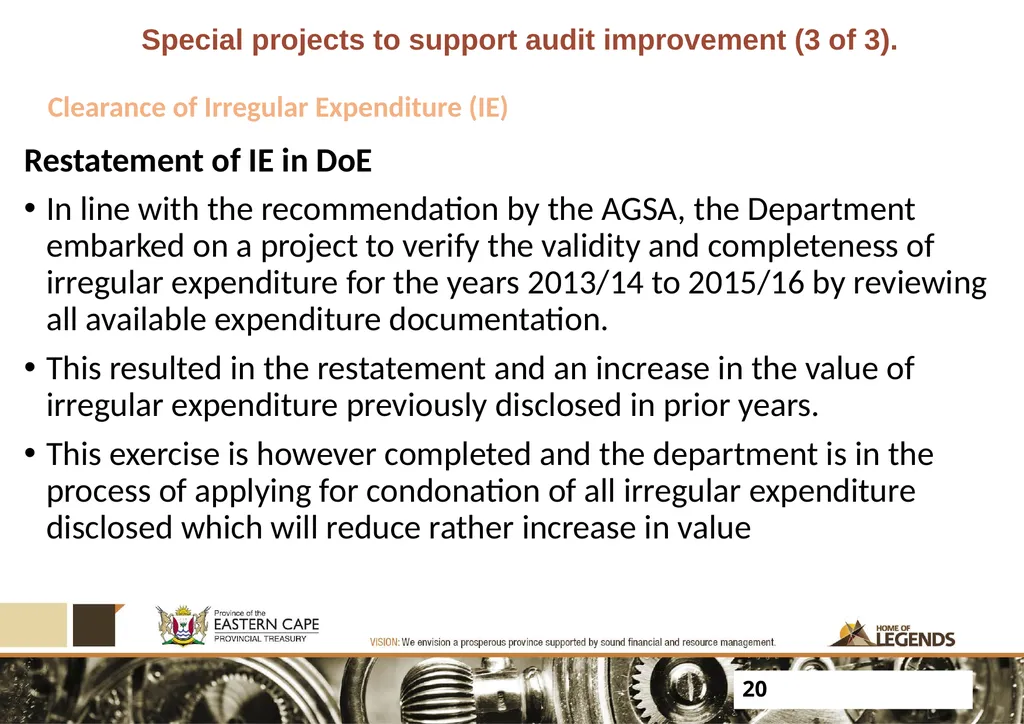 PROGRESS UPDATE ON 2017 PFMA AUDIT OUTCOMES - slide 20 of 21