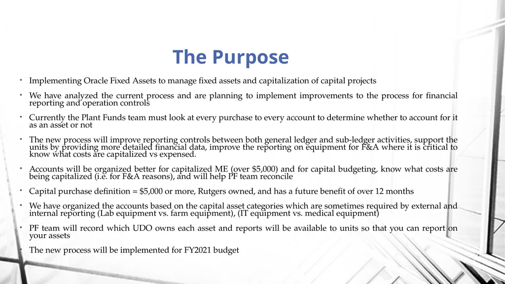 Fixed Assets Implementation – Movable Equipment - slide 2 of 9