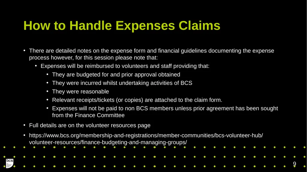 BCS Member Group Treasurers Training Governance - slide 9 of 19