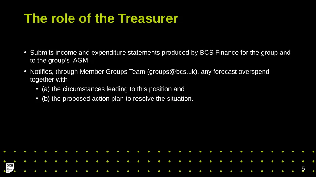 BCS Member Group Treasurers Training Governance - slide 5 of 19