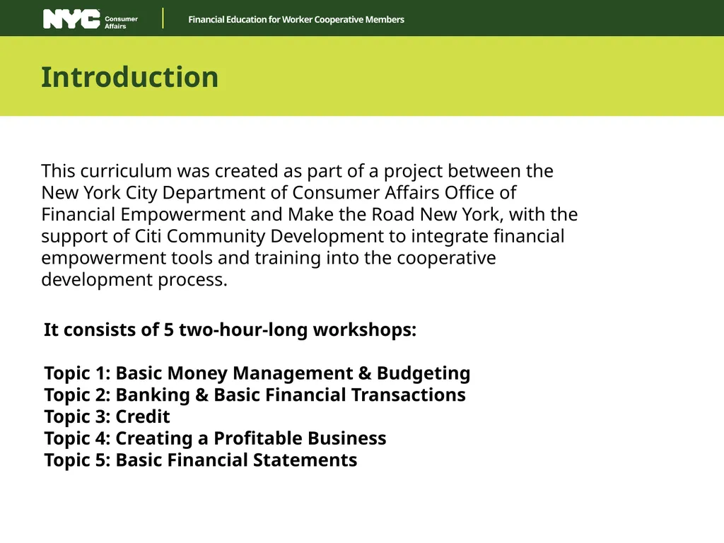 Financial Education for Worker Cooperative Members - slide 2 of 27