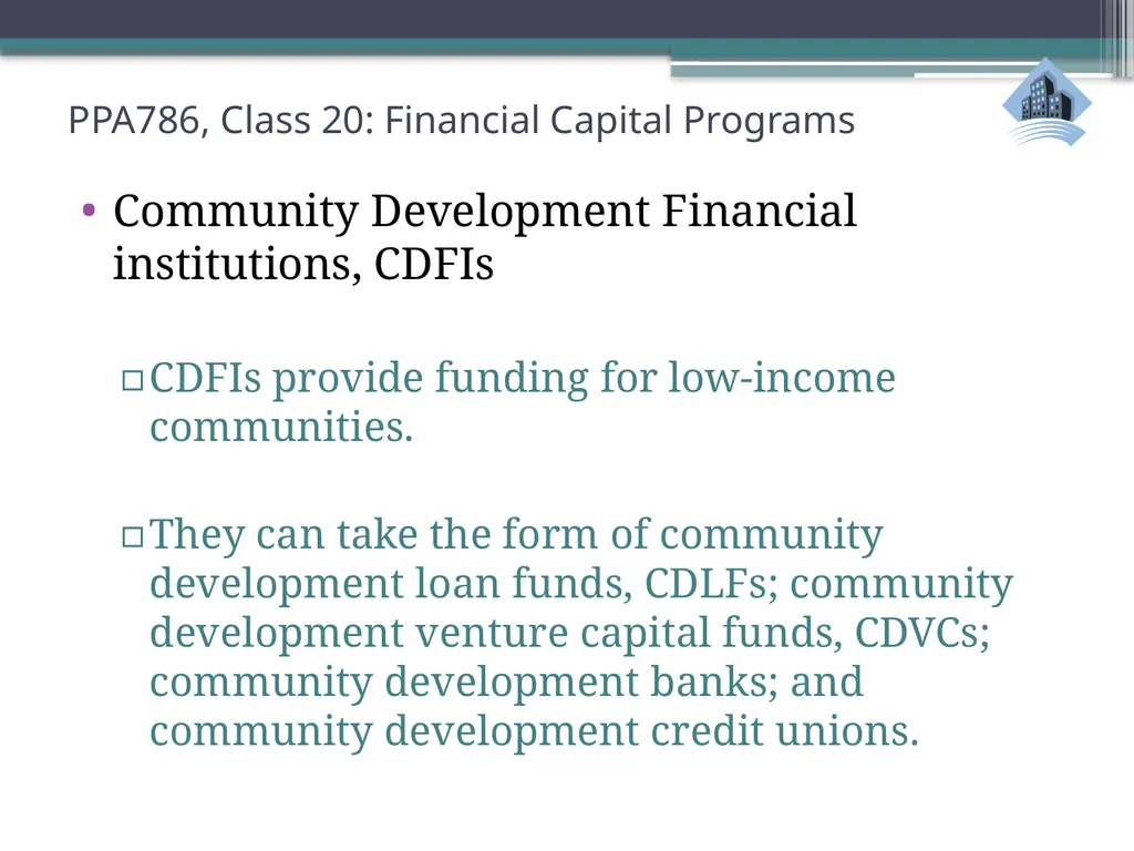 PPA786: Urban Policy Class 20: Financial Capital - slide 10 of 36