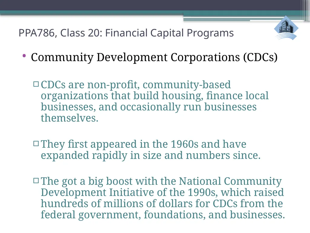 PPA786: Urban Policy Class 20: Financial Capital - slide 4 of 36