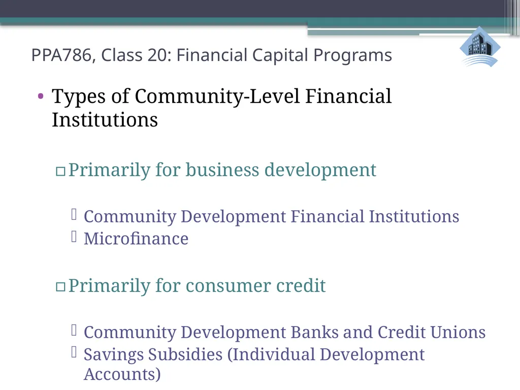 PPA786: Urban Policy Class 20: Financial Capital - slide 9 of 36