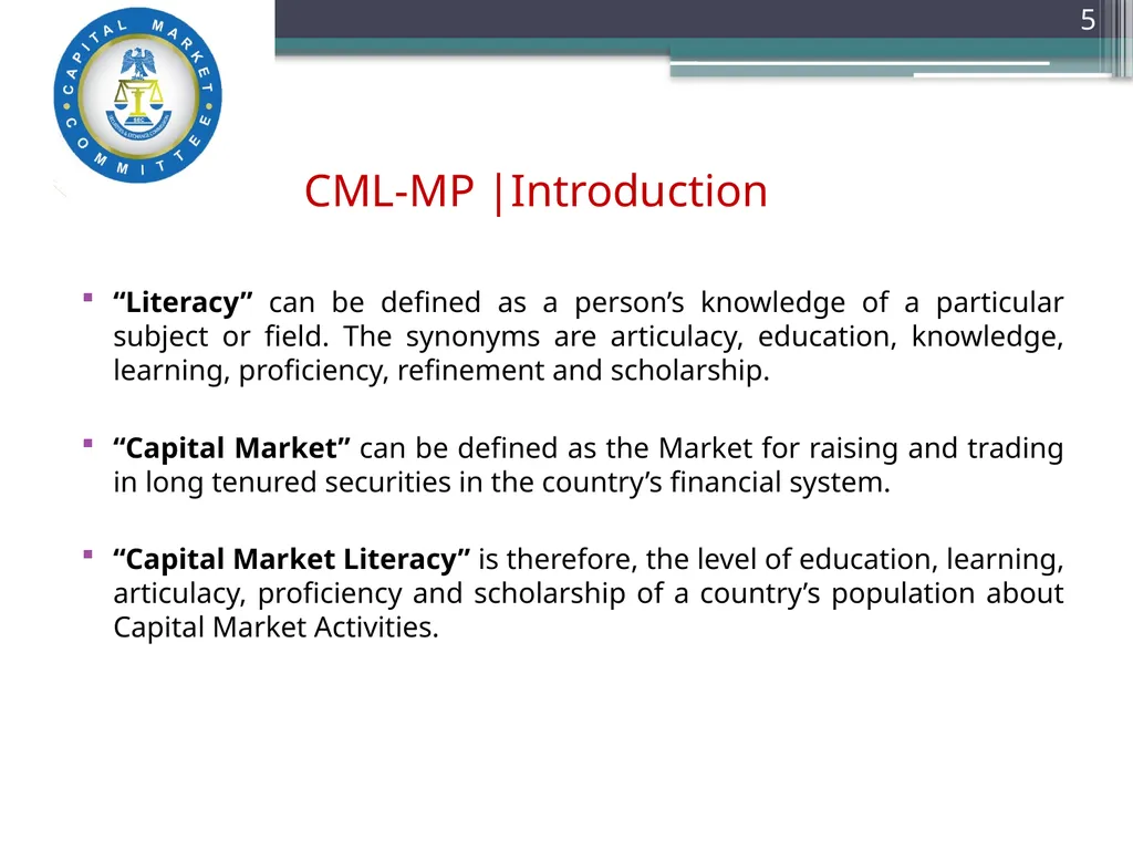 Capital Market Literacy MASTER PLAN (CML-MP) - slide 5 of 27