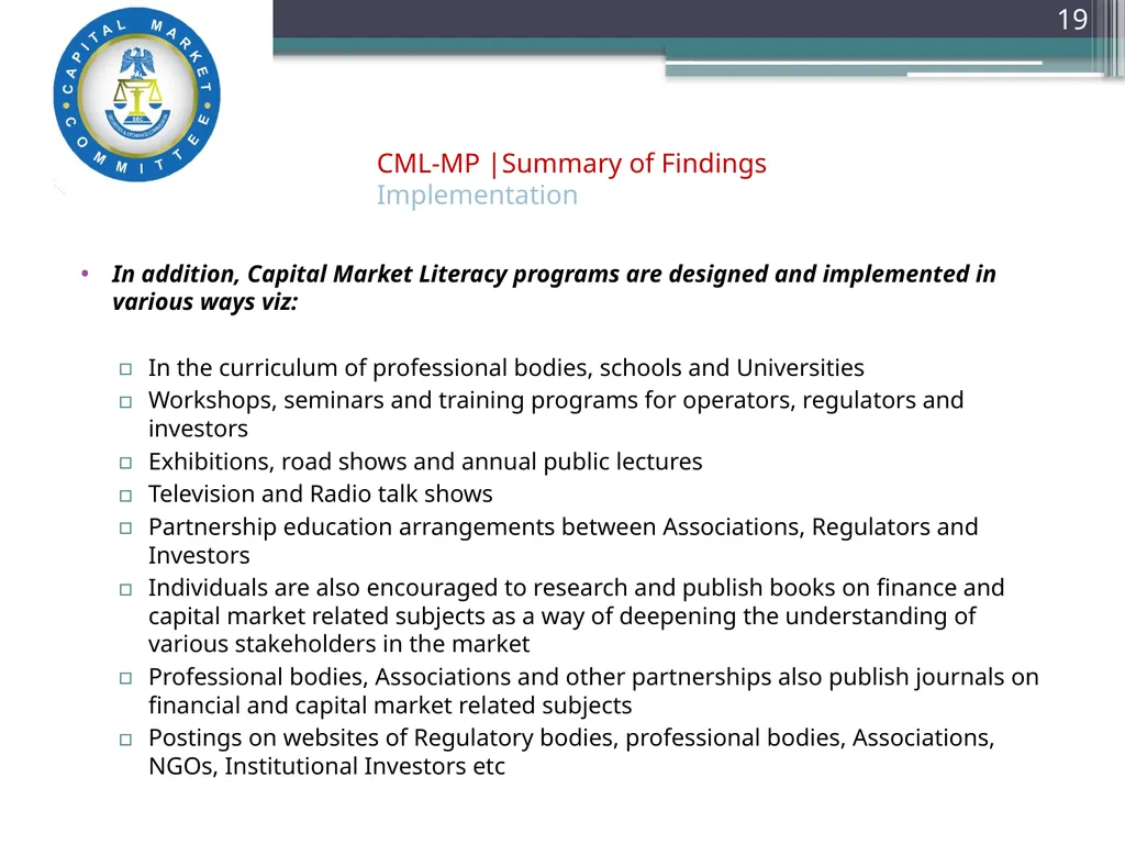 Capital Market Literacy MASTER PLAN (CML-MP) - slide 19 of 27