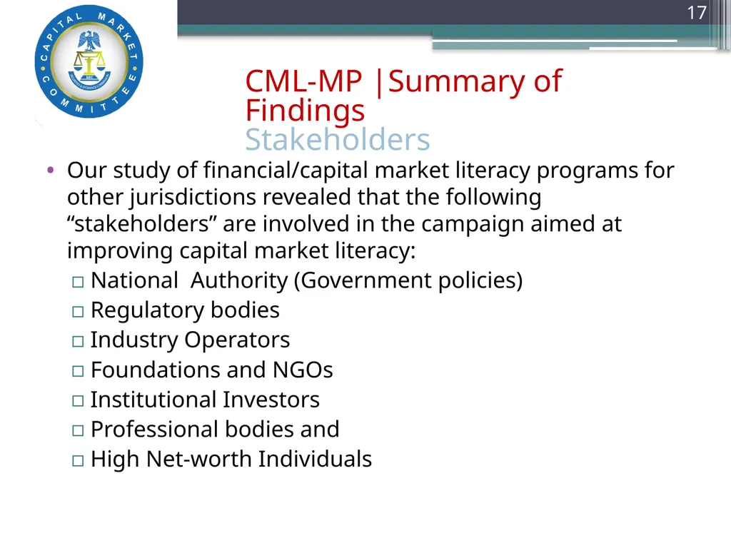 Capital Market Literacy MASTER PLAN (CML-MP) - slide 17 of 27