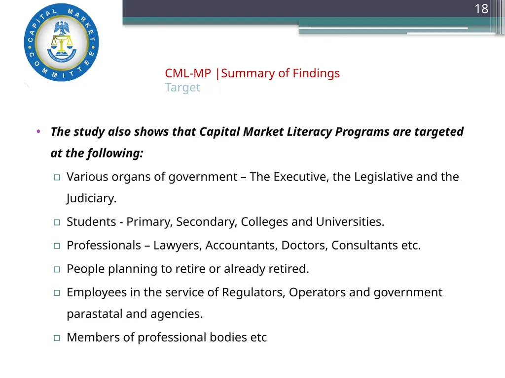 Capital Market Literacy MASTER PLAN (CML-MP) - slide 18 of 27