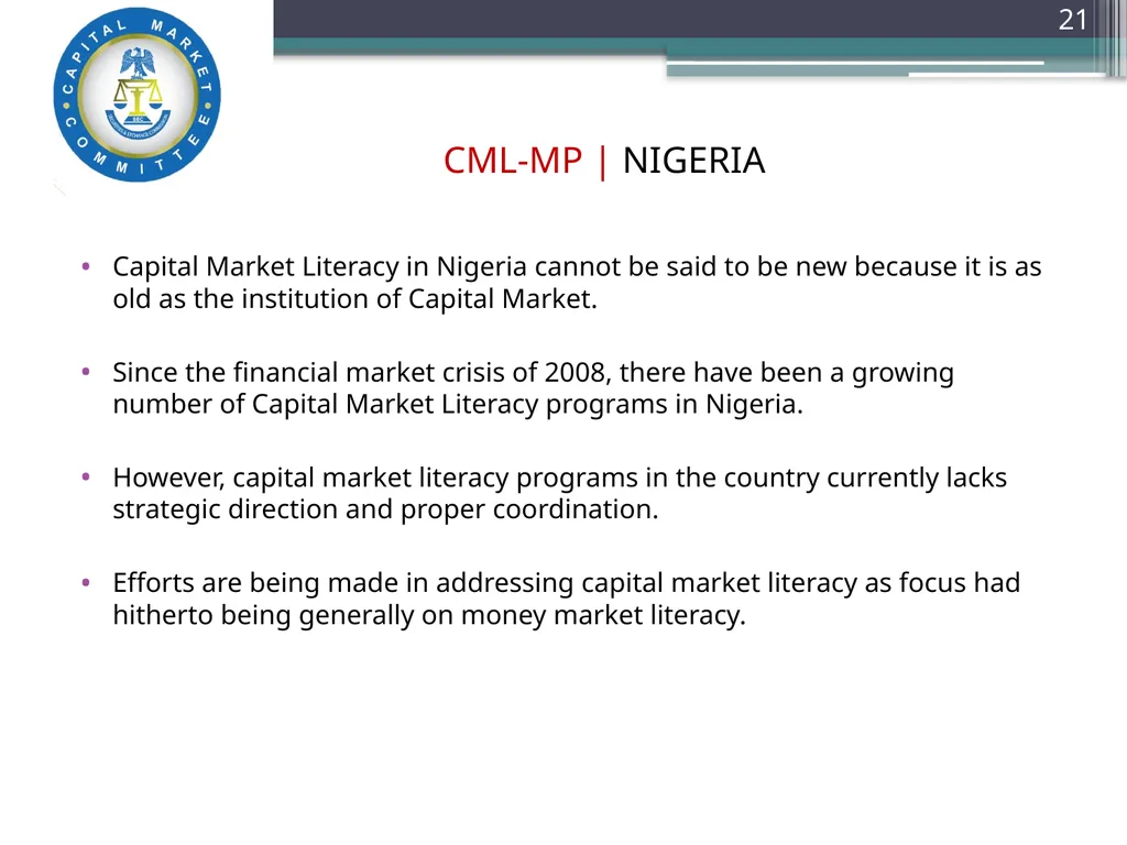 Capital Market Literacy MASTER PLAN (CML-MP) - slide 21 of 27
