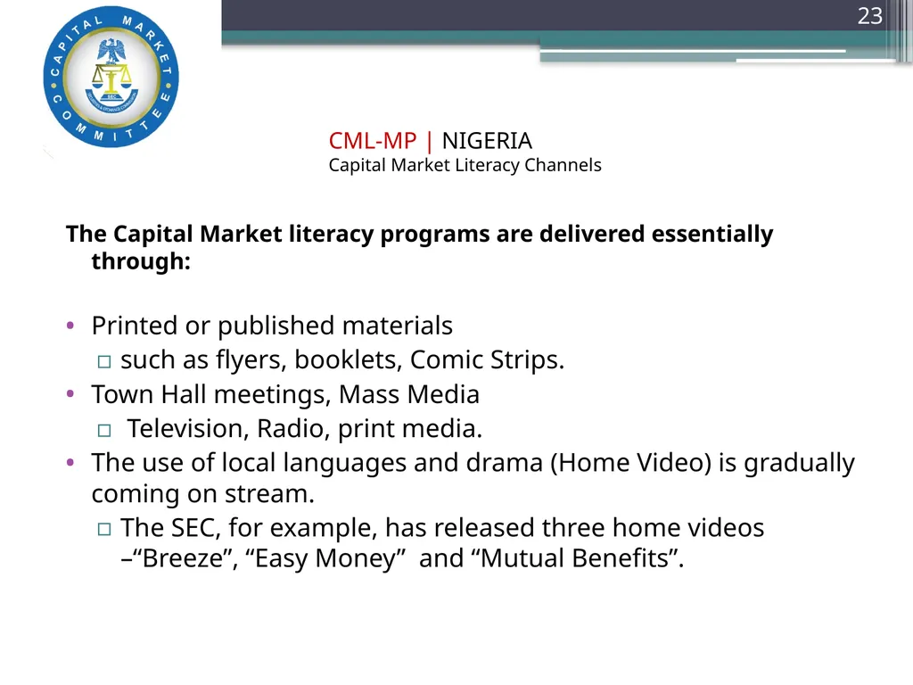 Capital Market Literacy MASTER PLAN (CML-MP) - slide 23 of 27