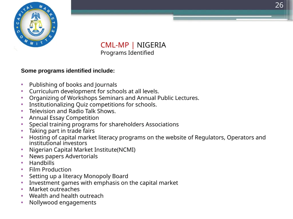 Capital Market Literacy MASTER PLAN (CML-MP) - slide 26 of 27