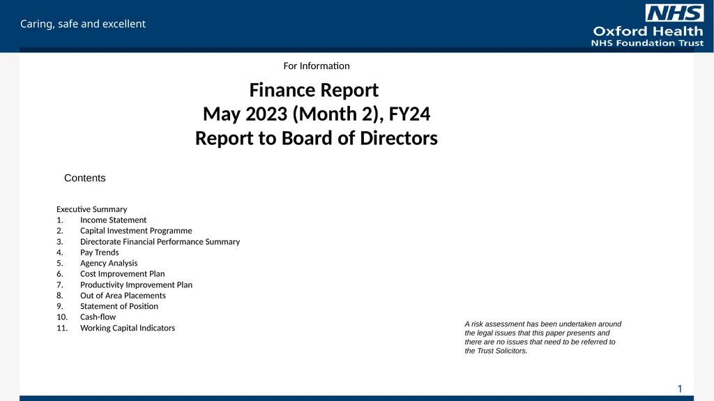 For Information Finance Report May 2023 (Month 2), - slide 1 of 17