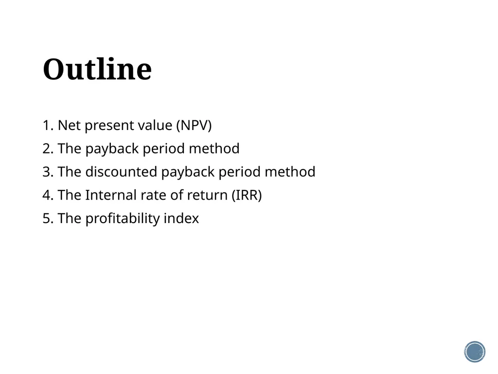 Chapter 5: Net present value and other investment - slide 2 of 40