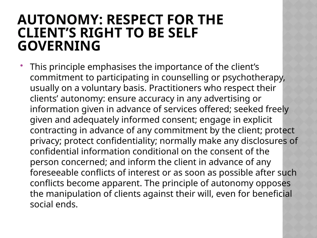 Ethics for Counselling and Psychotherapy Values - slide 6 of 19