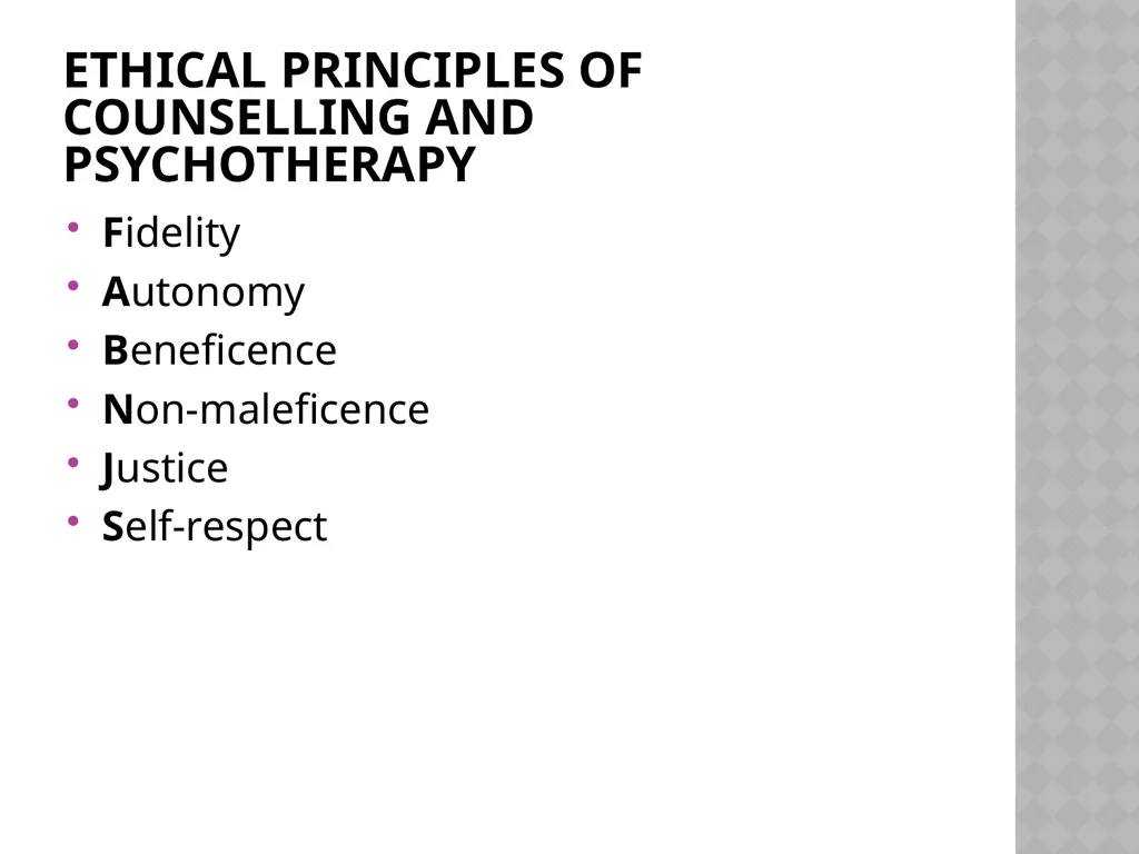Ethics for Counselling and Psychotherapy Values - slide 4 of 19