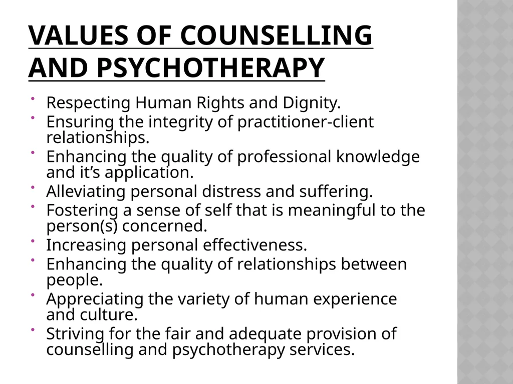 Ethics for Counselling and Psychotherapy Values - slide 2 of 19