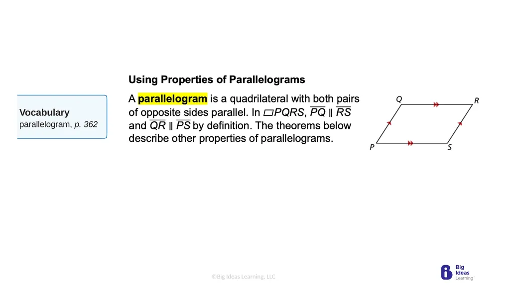 Lesson 7.2 Properties of Parallelograms Learning - slide 3 of 15