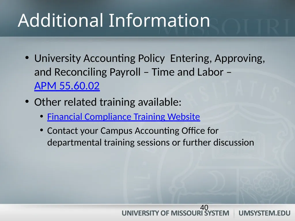 Entering, Approving, and Reconciling Payroll- Time - slide 40 of 40