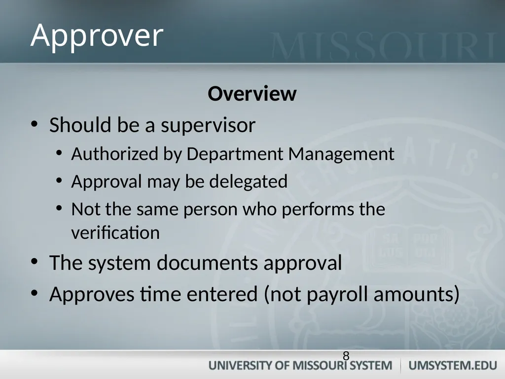 Entering, Approving, and Reconciling Payroll- Time - slide 8 of 40