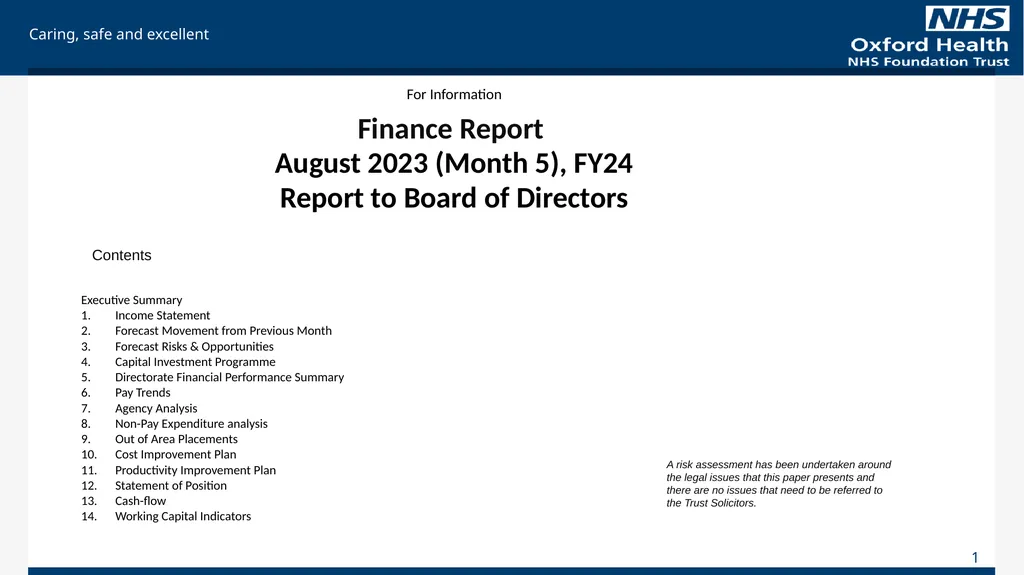 For Information Finance Report August 2023 (Month - slide 1 of 20