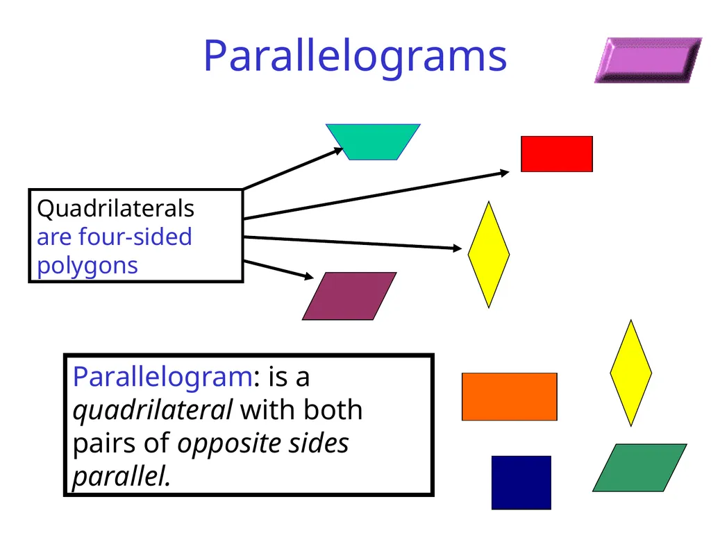 Parallelograms Quadrilaterals are four-sided - slide 1 of 19